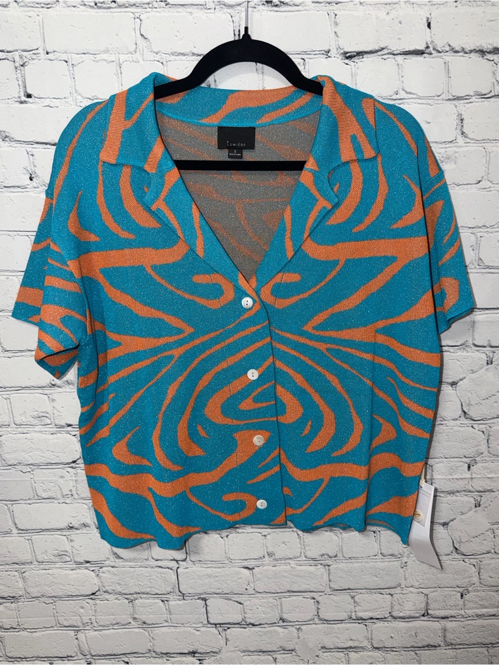 Lumiere Teal and Orange Zebra-Print Short Sleeve Button-Front Top